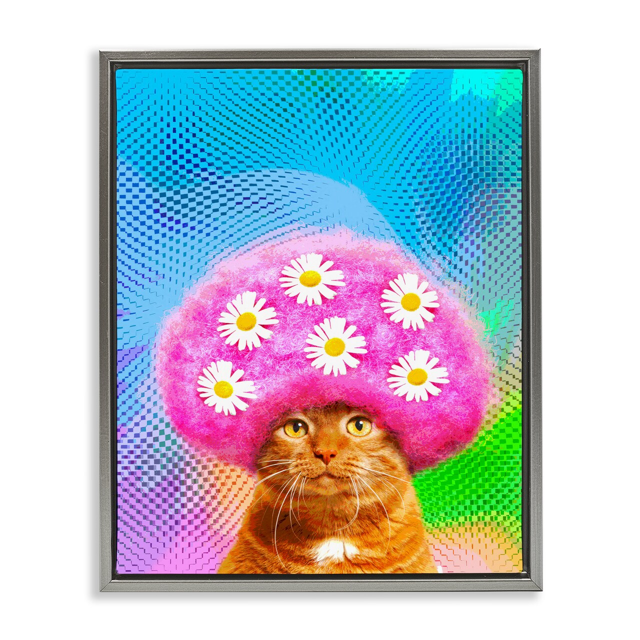 Stupell Industries Groovy Daisy Wig Cat Framed Floater Canvas Wall Art Design by Michael Quackenbush